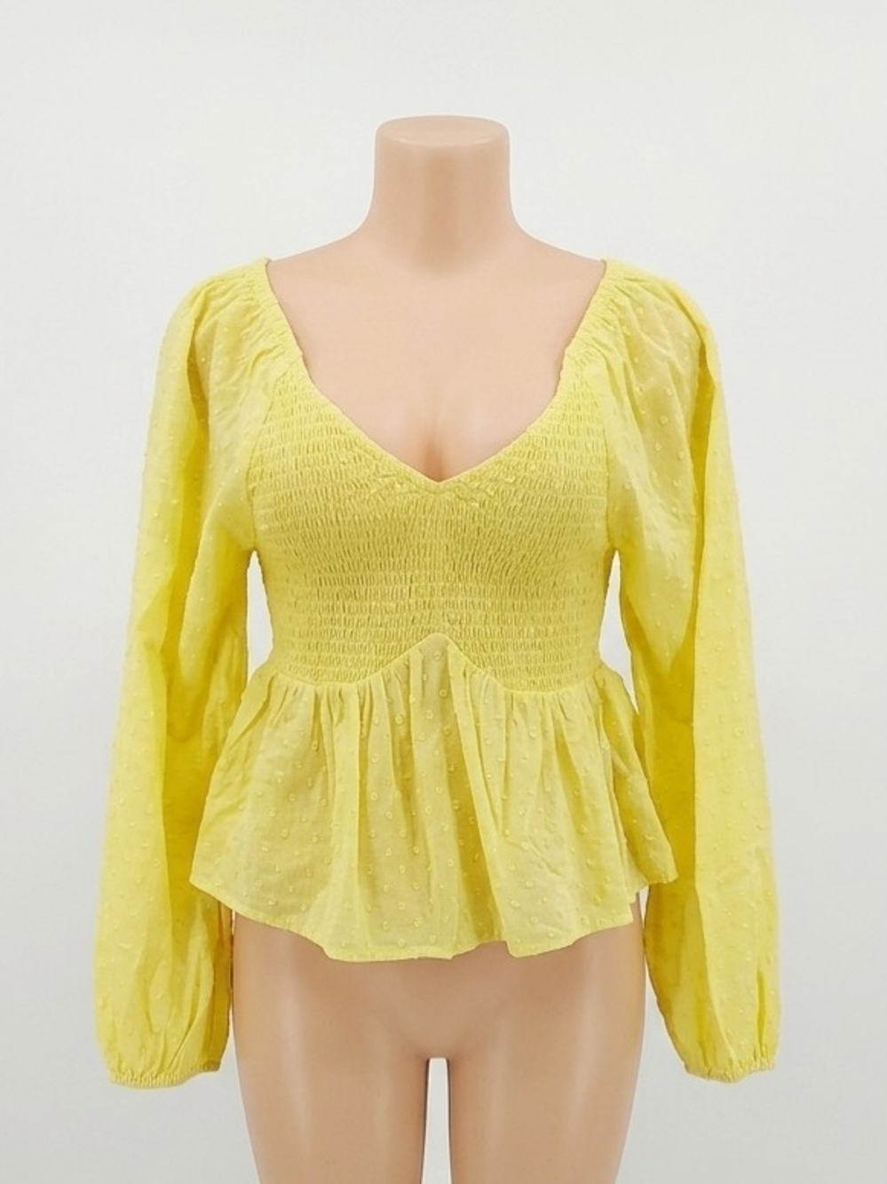 Women’s Yellow Smocked V-Neck Peplum Top